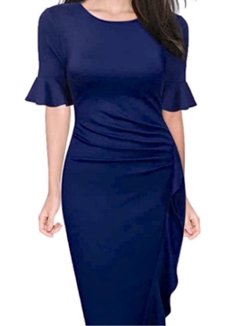 Woosunze Elegant Navy Midi Dress with Ruffle Sleeves Size M